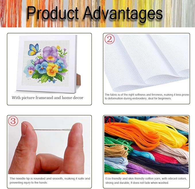 VIGEGU Flowers Cross Stitch Kits for Adults Beginners,Orchid Cross Stitch Kits with Wooden Framed,Embroidery Kit for Beginners,Partial 11CT Cross-Stitch Arts and Crafts for Adults 7.9x7.9inch