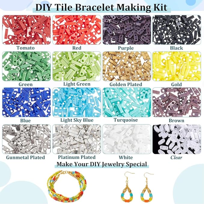 NBEADS About 1280 Pcs 16 Colors 2-Hole Beads, 2-Hole Rectangle Glass Seed Beads with Elastic Thread, Big Eye Beading Needles for Bracelet Necklace Earring Jewelry Making