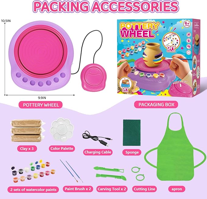 Pottery Wheel for Kids, Arts & Crafts Pottery Painting Toys Kit for Kids Ages 8-12, Art Supplies with 3 Pack Air Dry Clay and Clay Tools, Birthday Easter Gift for Girls Boys 6 7 8 9 10 11 12