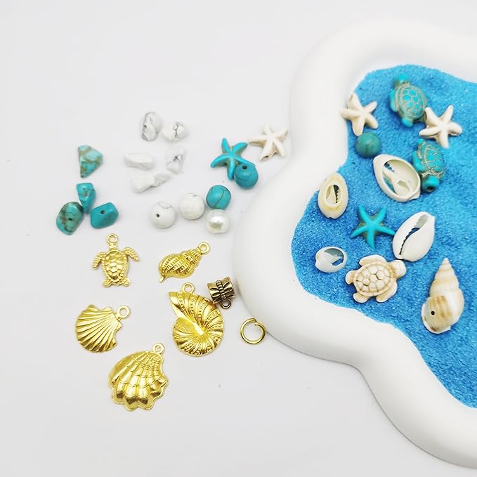 Julie Wang 422PCS Gold Tone Alloy Pendants Seashells Man-made Turquoise Beads Starfish Turtle Ocean Charms for Jewelry Making Summer Beach Bead Necklace Bracelet DIY Accessory
