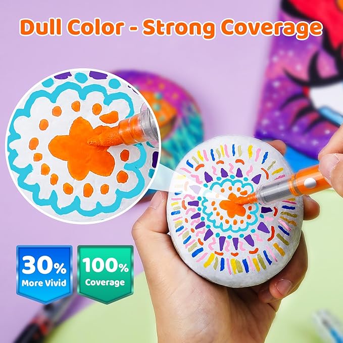 jr.white 24 colors acrylic paint markers– dual brush & chisel tip with auto flow, ideal christmas gifts for family water-based markers, vivid opaque colors for diy crafts, rock, wood, canvas, glass