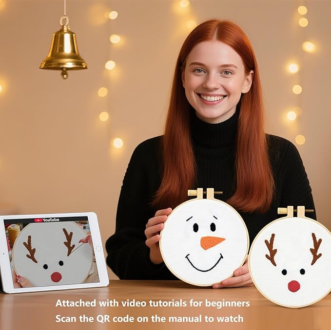 Christmas Embroidery Kits for Beginners Adults, Cute Embroidery Christmas Ornament Kits, Xmas Cross Stitch Kits for Beginners Craft Kits for Adults Women, 2 Sets Embroidery Hoops & Video Tutorial