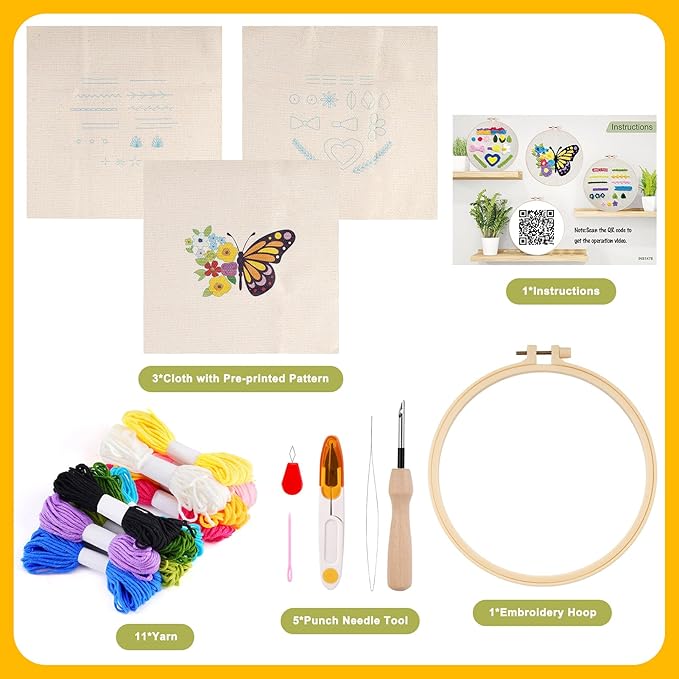 Pllieay 3 Sets Punch Needle Embroidery Kits, All-Inclusive Embroidery Kit for Beginners with Pre-Printed Fabric, Hoop, Yarns & Tools – Good Stitching Kit & Embroidery Starter Kit