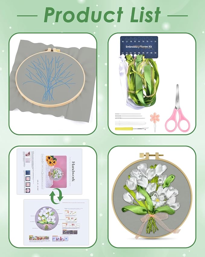 ERKOON Embroidery Kit for Beginners, Silk Ribbon Flower Cross Stitch Set for Include Embroidery Cloth Hoops Threads for Craft Lover Hand Stitch (True Confessions)