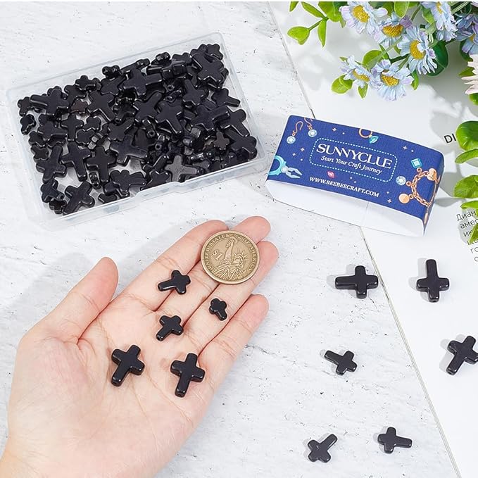 SUNNYCLUE 1 Box 90Pcs Black Cross Beads 3 Sizes Small Stone Cross Bead 10/16/20mm Mini Tiny Synthetic Turquoise Gemstone Beads Charms Easter Holiday Pocket Crosses for Jewelry Making Kits