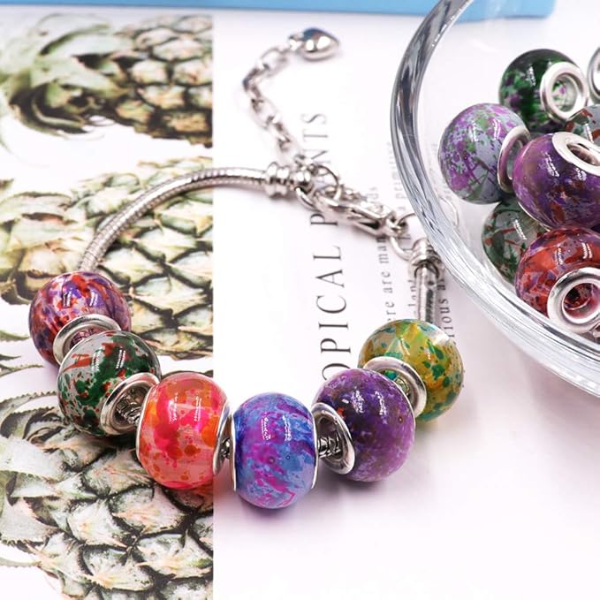 AIPRIDY 100Pcs 15x11mm Painting Murano Large Hole Glass Beads Mix Color with Silver Brass Cores European Charm fit Bracelet Necklace (Opaque Double Color)