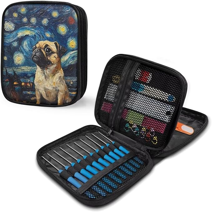 Hechitok Starry Night Bulldog Knitting Needles Case Empty Zipper Bags Organizer Portable Travel Crochet Hook Storage Bag with Web Pocket for Carrying Various Crochet Needles