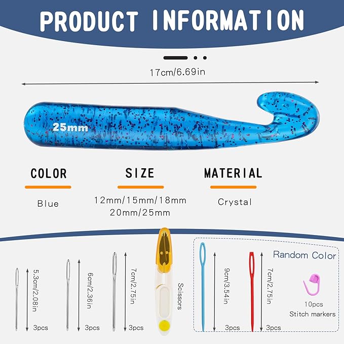 Qmnnma 5 Large Crochet Hooks, 12mm-25mm Crochet Hooks, Huge Transparent Crystal Crochet Sets for Crocheting Yarn, Chunky Yarn, DIY Crafts (Blue)