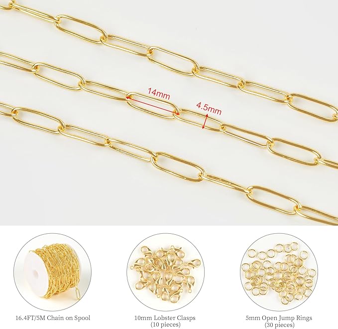 KYUNHOO 18K Gold Plated Chain for Jewelry Making 5 Meters Paperclip Chains with Lobster Clasps Jump Rings for Crafting Supplies Accessories