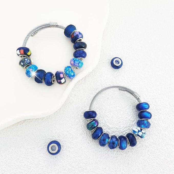 Large Hole Dark Blue European Beads - 100 Assorted Pieces for Pens, Fairy Wand, Garden, Lampwork, Craft, Spacer, DIY Charms, Bracelet, Necklace, Earring, Jewelry Making