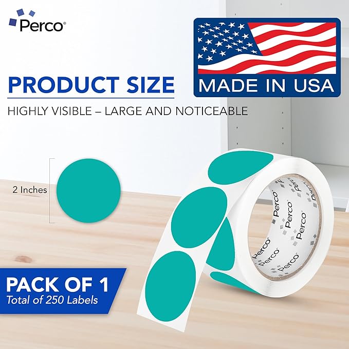 perco teal 2-inch perforated circle dot sticker labels — 250 round stickers per roll — with permanent adhesive for organizing, color coding, bin labeling, packaging alerts — made in usa