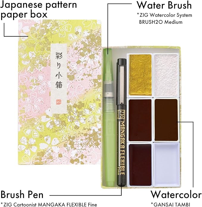 Kuretake Gansai Tambi IRODORI KOBAKO（SAKURA PATTERN）-Limited Edition, 5 Color Watercolor Set with Water Brush Pen & Black Pen, Granurating and metalic, Made in Japan, MC23-13A