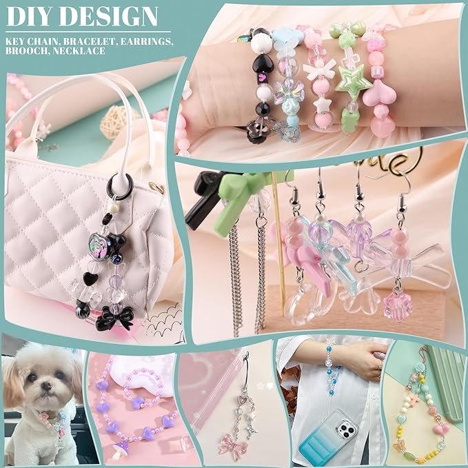 210-270pcs tinkrstuff assorted acrylic beads for bracelet making,cute beads for jewelry making flower bow butterfly candy gummybear kawaii aesthetic bracelet charms, necklace keychain phone charms diy