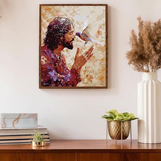 Paint by Numbers for Adults Beginner, Jesus Christian Hummingbird Adult Paint by Number Kits on Canvas, DIY Acrylic Oil Easy Painting by Numbers for Home Wall Decor 16X20 inch (Without Frame)