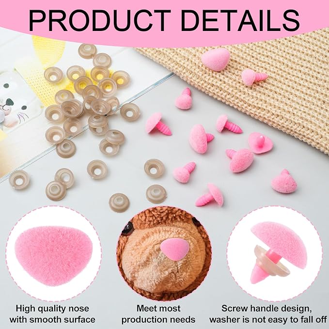 CustomyLife 32pcs Safety Noses for Amigurumi, 11/15/17/18mm Plastic Doll Noses for Crochet, Flocking Teddy Bear Noses Stuffed with Washers for Craft Puppet Plush Toy Accessories- Pink