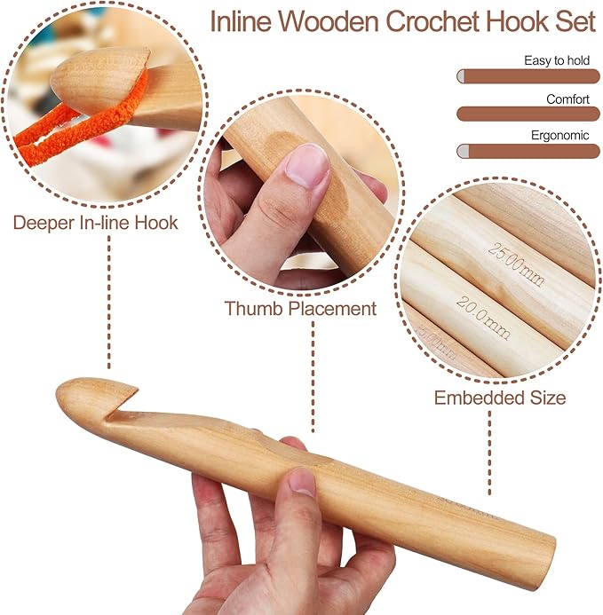 Coopay Large Crochet Hooks 15mm 20mm 25mm 30mm Wooden Crochet Hook Set for Chunky Yarn, Sturdy Big Bamboo Crochet Needles for Crocheting Huge Crochet Hooks for Thick Blanket & Large Project