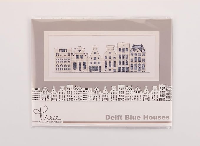 Thea Gouverneur - Counted Cross Stitch Kit - Delft Blue Houses - Aida - 18 Count - Embroidery Kit for Adults - DMC Embroidery Threads and Other Cross Stitch Supplies Included - 552A