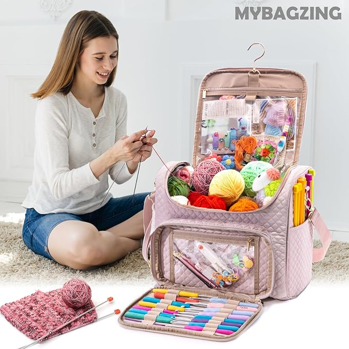 Crochet Bag Organizer - Quilted Storage Bag with Hanging Hook, Ideal for Knitting & Crochet Accessories