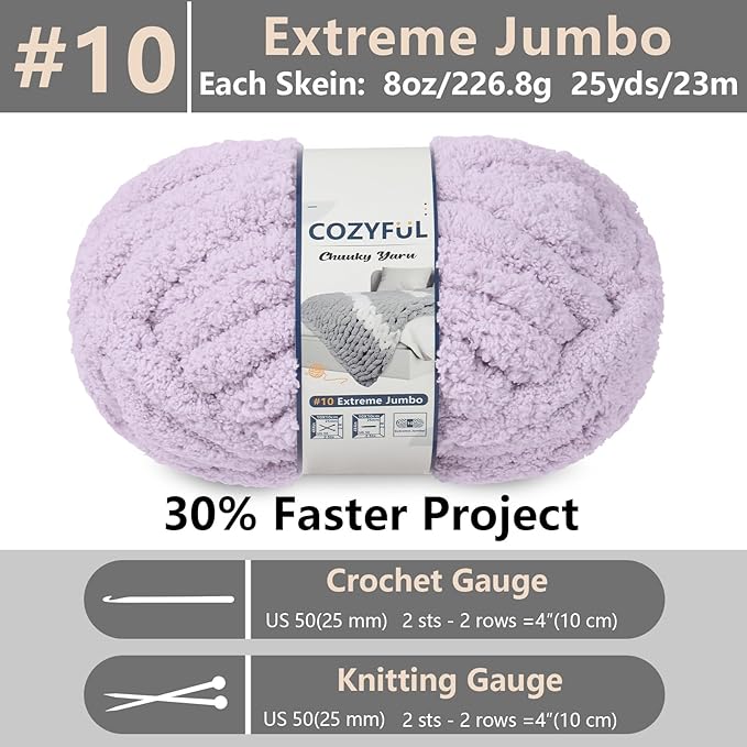 Chunky Yarn for Hand Knitting - #10 Chunky Chenille Yarn, Jumbo Big Thick Chunky Yarns for Crocheting, Super Bulky Chunky Knit Blanket Yarns, 8 Skein (25 yds 8 oz Each Skein), Lavender Fog