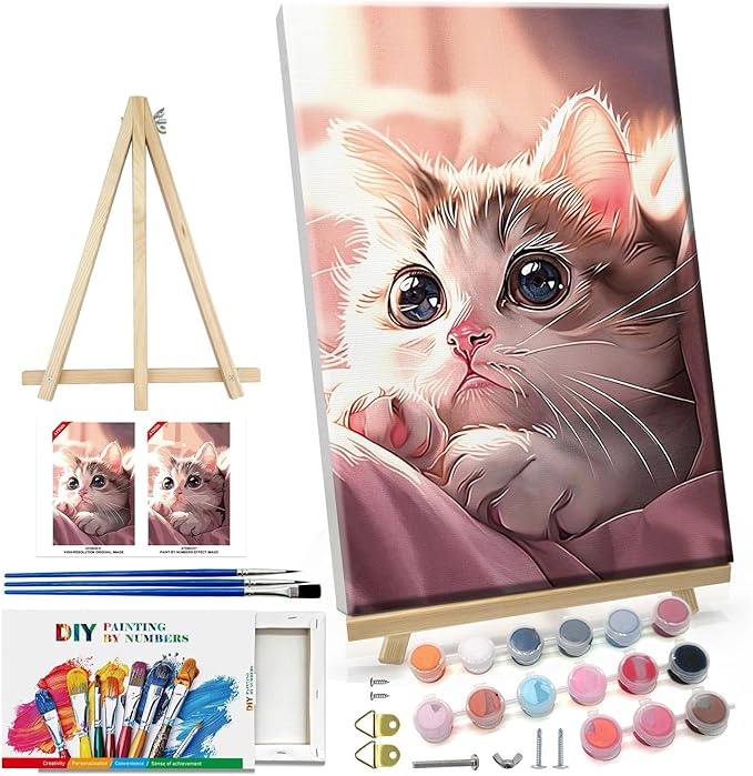 ATDMS Paint by Numbers Kit for Adults with Frame Cat Paint by Numbers with Easel DIY Cat Adult Paint by Number Kits Paint by Numbers Kit on Canvas for Gift Home Wall Decor 8x12 Inch