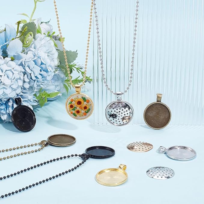 FREEBLOSS 12 Set Round Bezel Pendant Trays Necklace Pendant Blank Frame for Embroidery Round Pendant Tray Charm DIY Jewelry Making Kit for Necklace DIY Embroidery Necklace Needlepoint