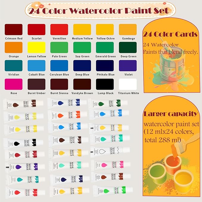 Pocket Wooden Paint Palette with Metal Clip, Water Colour Paints Sets with Sketchbook & Water Pen for Painters,Artists,Beginner (Blue-24 Colors, L-15 Grids)