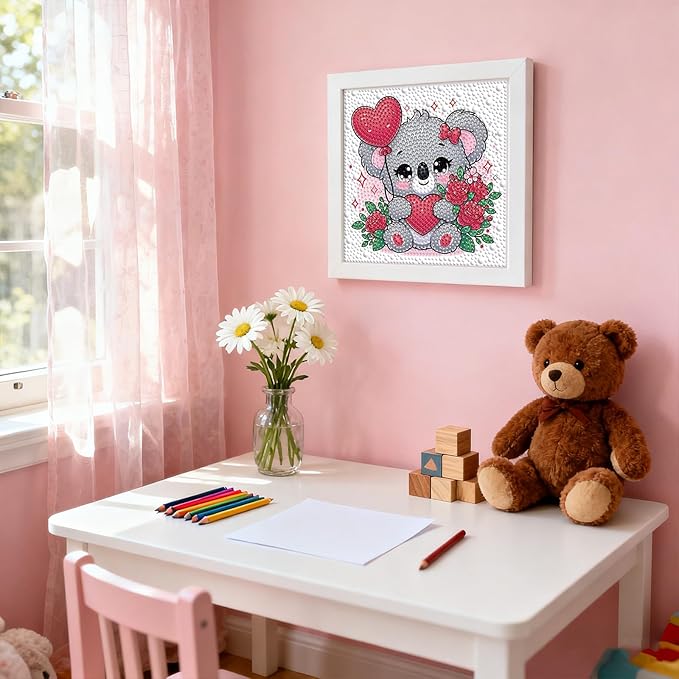 PERFECTSIGHT Cute 5D Diamond Art Kits with Wooden Frame, Kawaii DIY Painting Art for Adults, Diamond Arts and Crafts Sets, Big Gem Full Drill Diamond Dots for Women (White Koala)