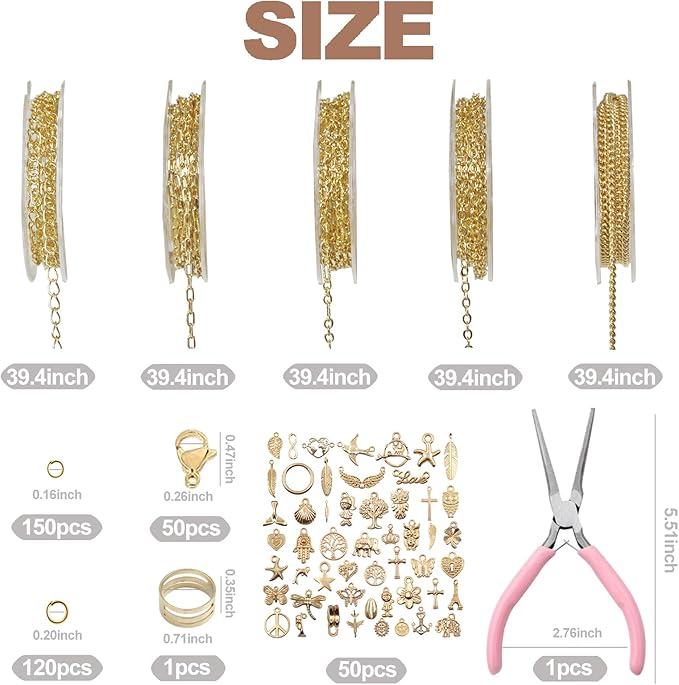 XKCWXY 14K Gold Chain for Jewelry Making,16.4 ft 5 Rolls Jewelry Chains Bulk for DIY Necklace Bracelet Making Accessories with Charm Pendants Jump Rings Lobster Clasps Pliers