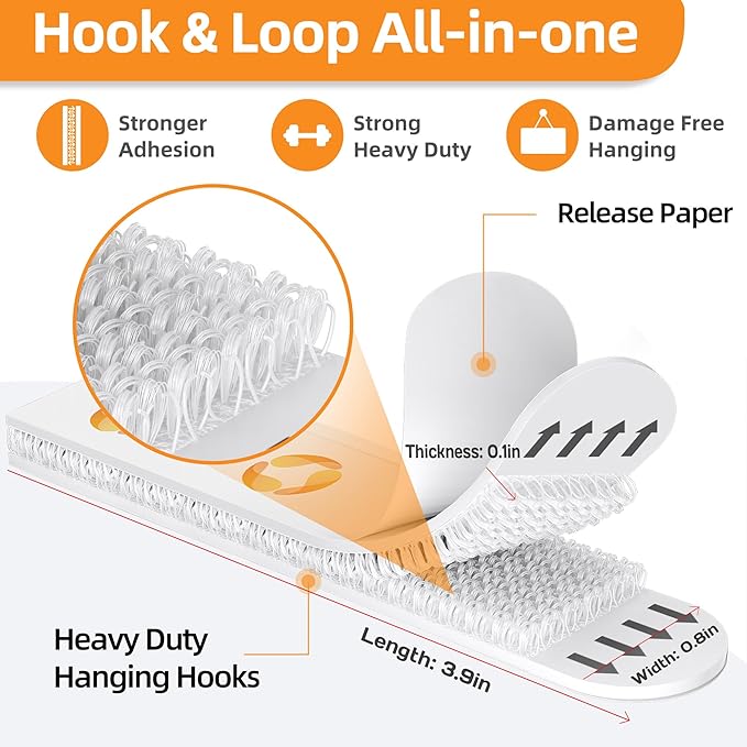 XL Picture Hanging Strips Heavy Duty, 80 Strips Damage Free Removal Picture Hangers for Wall, Sticky Hook & Loop Adhesive Strips for Poster/Picture/Home/Office, 40 Pairs/X-Large, White