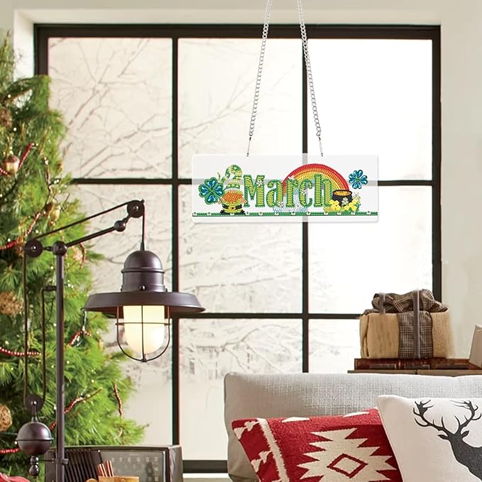 Diamond Painting Kits Hanging Pendants, DIY Wreath Crystal Rhinestone Wreath Kits, Colored Imitation Art Point Crystal Diamond Art Window Pendants Home Garden Wall Door Birthday Festival Gifts (March)