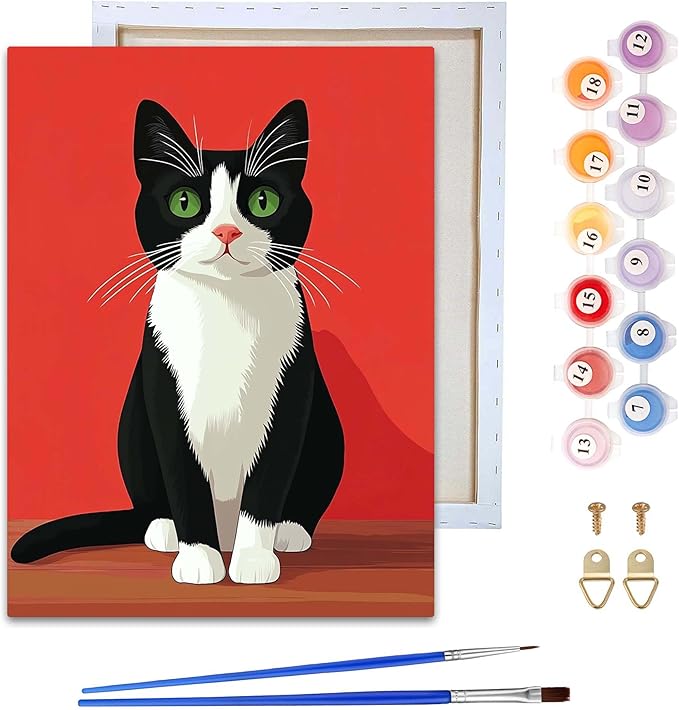 Reofrey Framed Paint by Numbers Kit for Adults & Beginner - 8x8Inch Canvas Cat Paint by Numbers - Animals Educational & Creative Art Set for Beginners - Perfect for Home Wall Decoration