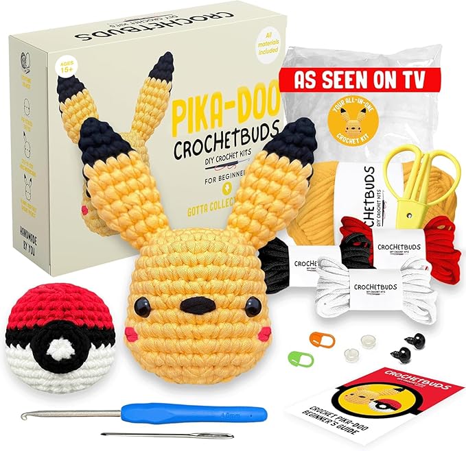 Pika-Doo DIY Crochet Kit | Ultimate Starter Set for Teens & Adults | Fun Couples & Date Night Craft Project w/Premium Yarn, Hook, Step-by-Step Video Tutorials & Easy Written Guides (Ages 15+)