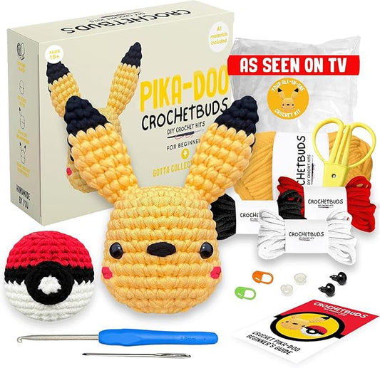 Pika-Doo DIY Crochet Kit | Ultimate Starter Set for Teens & Adults | Fun Couples & Date Night Craft Project w/Premium Yarn, Hook, Step-by-Step Video Tutorials & Easy Written Guides (Ages 15+)