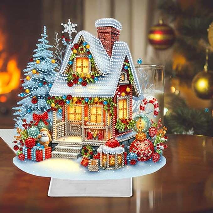 LAKEQUILL Christmas Diamond Painting Kits, Tabletop Ornament, Stand Up Diamond Art Desktop Kits for Home Office Decor, New Year Gift - Snow House
