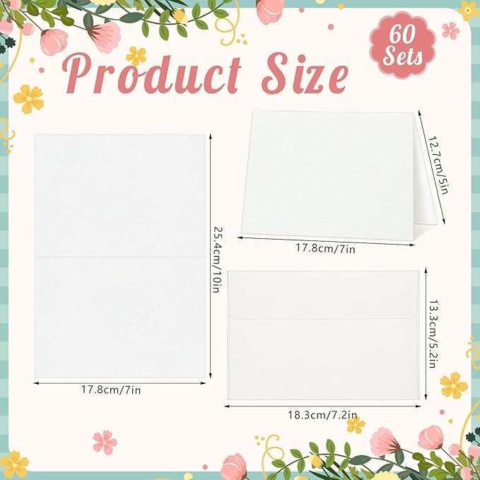 60 Sets Watercolor Cards with Envelopes, 140 lb/300 GSM Watercolor Paper Cards, 5x7 Inch Foldable Blank Watercolor Postcards and Envelopes for Greeting Cards, Wedding Invitations, Thank You Card