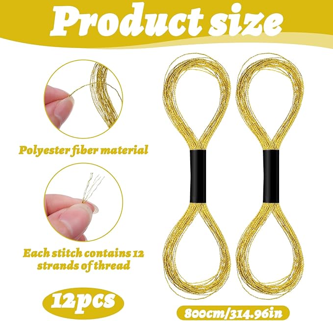 12 Skeins Metallic Embroidery Thread, Embroidery Floss Metallic Thread Glitter Threads String Cross-Stitch Threads for Sewing Making Yarn Hand Accessories(Gold)