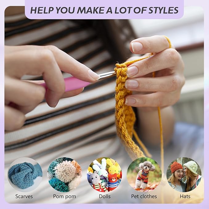 Artcome 124 pcs Crochet Kit for Adults and Kids, 14 Sizes Ergonomic Crochet Hooks with a Comfortable Grip for Beginners and Experienced Crocheters, Ideal for Creating Beautiful Projects