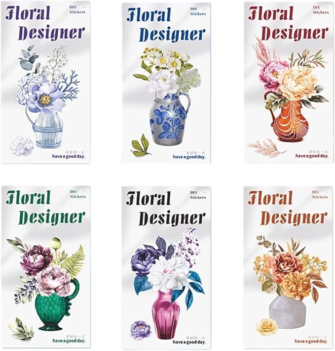 Doukado 120 Pieces Vintage Colorful Flower Themed Scrapbook Stickers, 6 Pack Aesthetic Floral Vase Decorative Stickers for Scrapbooking, Journaling, Creative Journal Supplies and DIY Crafts