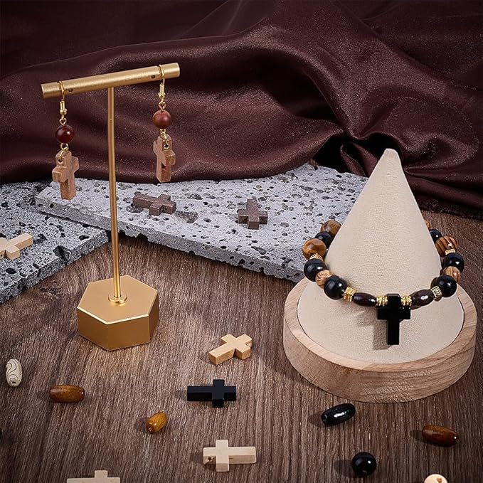 SUNNYCLUE 1 Box 290Pcs Cross Wood Beads Kit Easter Wooden Cross Beads Crucifix Mini Crosses Cross Bead Charms Wooden Round Spacer Beads for Jewelry Making DIY Earrings Bracelet Rosaries Supplies