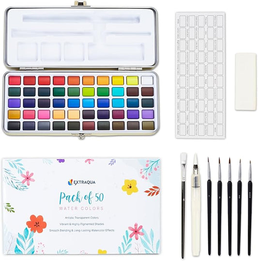 Watercolor Paint Set of 50 Colors - Washable Painting Kit with 7 Brushes, Water Brush Pen, Palette & Carrying Case - Portable Art Supplies for Kids & Adults - Non-Toxic Travel Watercolor Kit