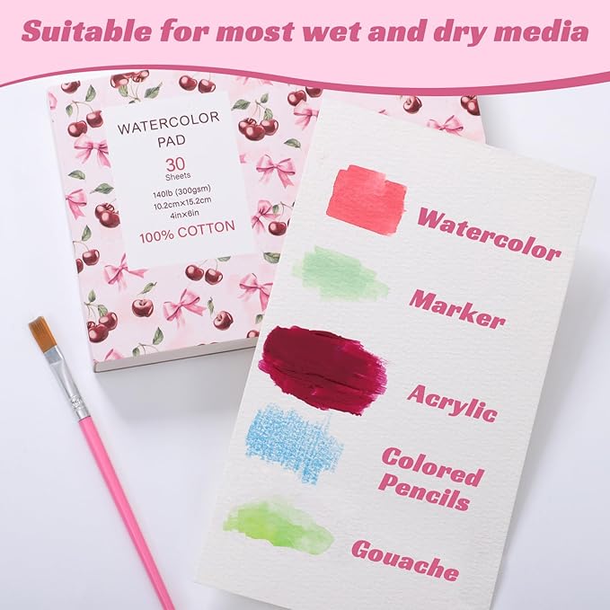 30 Sheets Watercolor Paper Pad with 2 Pcs Watercolor Brush, 140 lb/300 GSM Watercolor Paper Cold Press Tearable Water Color Pad for Art Painting, Drawing, Mixed Media(4x6 Inch)