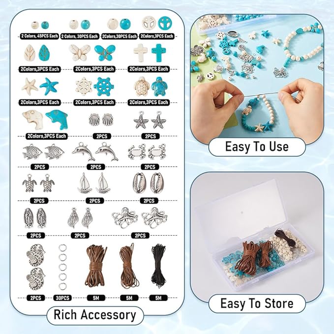 FASHEWELRY 315pcs Turquoise Bead Bracelet Making Kit 4mm/6mm/8mm Round Turquoise Gemstone Beads Ocean Theme for Necklace Earrig DIY Jewelry Making