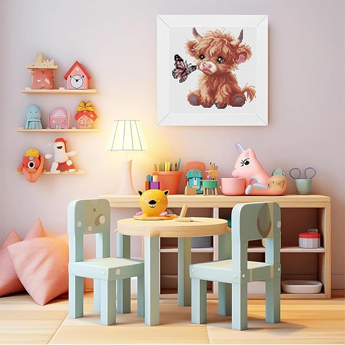 Cross Stitch Kits For Adults Beginners,Highland Cattle Stamped Cross Stitch Kits with Wooden Framed,Embroidery Kit For Beginners,Partial 11CT Cross-Stitch Arts and Crafts For Adults 7.9x7.9inch