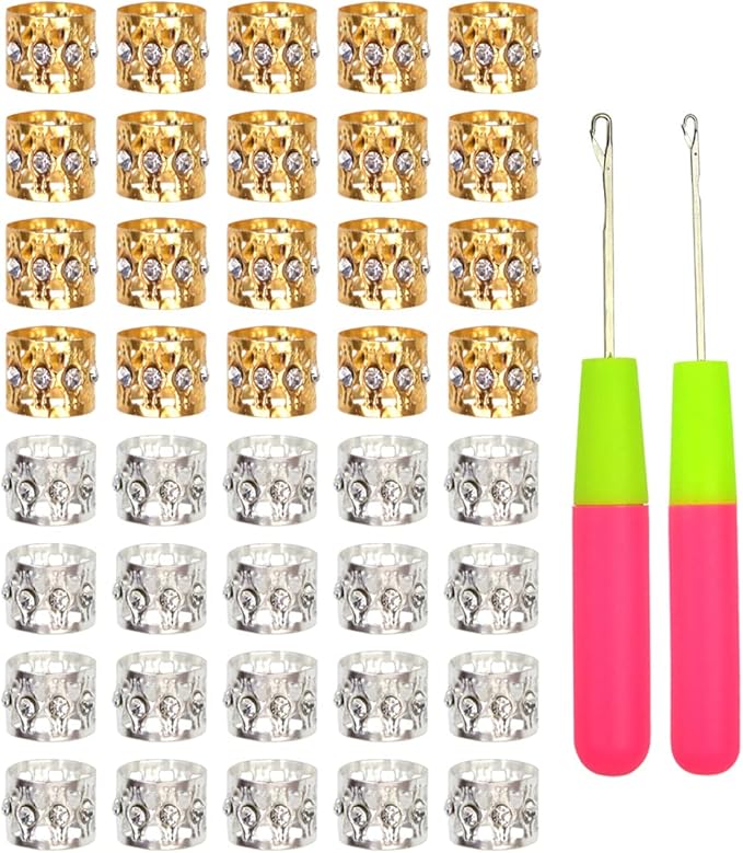 40 Pcs Dreadlocks Beads Rhinestone Hair Ring Aluminum Adjustable Metal Cuffs Hair Decorations Rings Clips (20 Pcs Golden and 20 Pcs Silver)