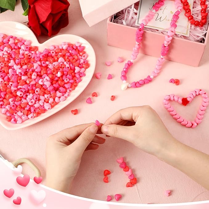 UPINS 1200Pcs Valentine's Day Pink Red Heart Plastic Pony Beads for Jewelry Making Valentine's Party Decoration Necklace Bracelets Earrings Hair Beads DIY Crafts Supplies (600 Large and 600 Medium)