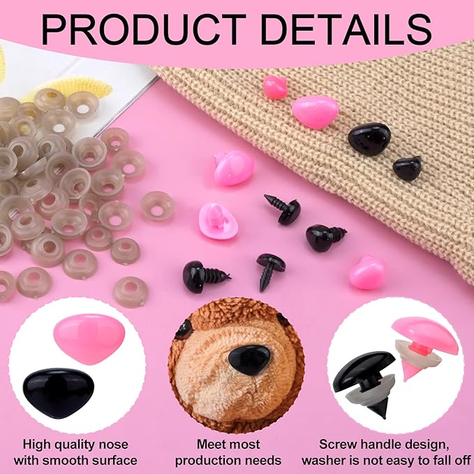 CustomyLife 32pcs Safety Noses for Amigurumi, 4 Sizes Plastic Craft Doll Noses with Washers, Flocking Stuffed Noses for Crochet Puppet Plush Toy Accessories- Black & Pink