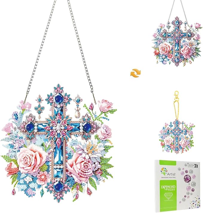 Masendp Easter Diamond Painting Hanging Decoration Kit, DIY Cross-Shaped Special Rhinestone Window Hanging Kit, Suitable for Home and Garden Wall Decor Gifts