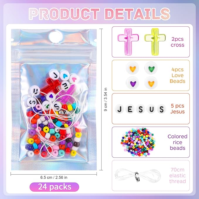 Tondiamo 24 Pack Christian Bead Bracelet Kits with Jesus Letter Beads, Heart Beads & Elastic Strings Religious Jesus Bible Crafts for Church Events, Sunday & Personal Crafting