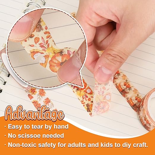 Whaline 12 Rolls Fall Floral Washi Tape Watercolor Pumpkin Maple Leaves Washi Tape Autumn Decorative Masking Tape for Thanksgiving Harvest Scrapbook Journal DIY Art Craft Gift Wrapping