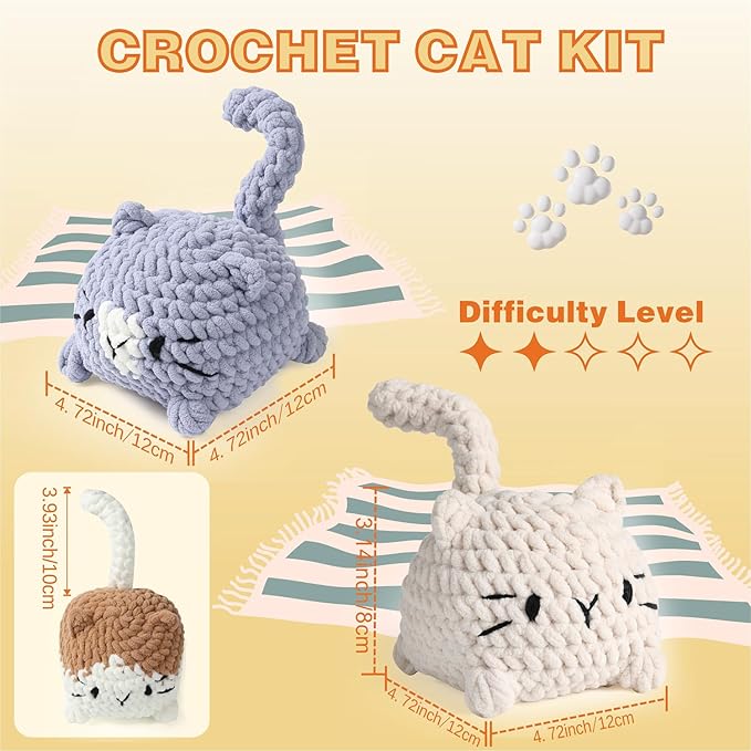eelexa crochet kit for beginners, crochet animal kits for adults and kids, step-by-step video tutorials and easy peasy yarn, 3 cats
